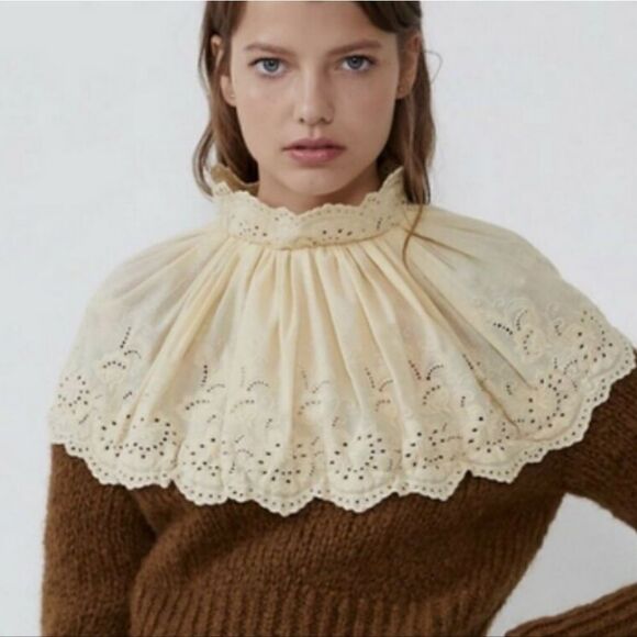 ZARA Contrasting embroidery lace knit sweater brown beige Small @L1 - Picture 13 of 13